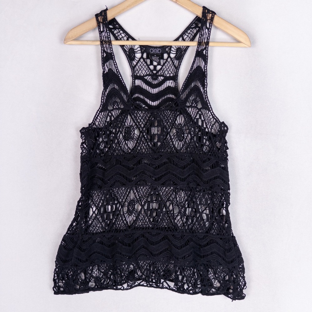 Vtg Deb Womens Crochet Lace Tank Top Medium Black Boho Festival Racerback Y2K
